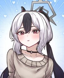  1girl :t alternate_hairstyle black_choker black_hair black_horns blue_archive blush choker collarbone commentary_request demon_horns emphasis_lines grey_hair grey_sweater hair_between_eyes halo heart horns kayoko_(blue_archive) long_hair looking_at_viewer mole mole_on_collarbone multicolored_hair oddman1234 pout red_eyes sidelocks solo sweater twintails two-tone_hair 