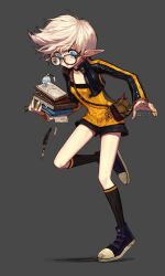  1girl artist_name bag bandaid bandaid_on_finger bandaid_on_hand black-framed_eyewear black_jacket black_shirt black_shorts black_socks blonde_hair blue_eyes book bookmark brown_background cat_charm creator_(dungeon_and_fighter) cropped_jacket dated dungeon_and_fighter eyelashes fingernails flask full_body glasses grey_background handbag highres holding holding_book jacket kneehighs long_hair long_sleeves nail_polish official_art open_clothes open_jacket open_mouth paper patyuno pointy_ears quill shirt short_shorts shorts simple_background socks solo standing standing_on_one_leg third-party_source very_long_hair web_address yellow_nails yellow_shirt 