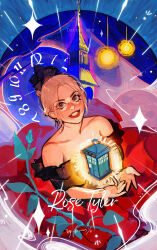  1girl bare_shoulders black_bow blonde_hair bow brown_hair character_name chinese_commentary clock collarbone commentary_request copyright_name doctor_who dress earrings francespumpkinpie glowing hair_bow highres jewelry lipstick looking_at_viewer makeup off-shoulder_dress off_shoulder open_hands parted_bangs parted_lips plant red_dress red_lips rose_tyler short_hair solo tardis vines 