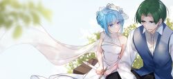  1boy 1girl angelica_(honzuki_no_gekokujou) bench black_pants blue_eyes blue_hair blue_vest blurry blurry_background cape closed_mouth commentary contemporary day dress dress_shirt eckhart_(honzuki_no_gekokujou) green_eyes hat hetero highres holding holding_sword holding_weapon honzuki_no_gekokujou light_frown long_dress looking_at_another on_bench open_mouth outdoors pants parted_bangs san+ see-through_cape see-through_clothes shirt short_hair side-by-side sitting sleeveless sleeveless_dress sword tilted_headwear vest weapon wedding_dress white_cape white_dress white_hat white_shirt wing_collar 