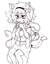  1girl animal_ear_fluff animal_ears buttons cat_ears cat_girl cat_tail cigarette collared_shirt disembodied_linked_eye eyeball frilled_shirt_collar frills greyscale hair_ornament hairband heart heart_button heart_hair_ornament highres holding holding_lighter kemonomimi_mode komeiji_satori lighter lighting_cigarette long_sleeves monochrome rampa93 ribbon-trimmed_collar ribbon_trim shirt skirt smoking solo tail touhou wide_sleeves 