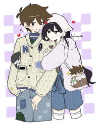  1boy 1girl antenna_hair black_eyes black_hair blue_pants blue_shorts blush brown_hair cardigan character_doll closed_mouth commentary_request doll double-parted_bangs flying_sweatdrops hair_between_eyes hakugen0720 hero_(birthday)_(omori) hero_(faraway)_(omori) hero_(omori) hetero holding holding_stuffed_toy jacket mari_(birthday)_(omori) mari_(faraway)_(omori) mari_(omori) mari_(spirit)_(omori) official_alternate_costume omori pants parted_lips photo_(object) short_hair shorts smile something_(omori) stuffed_toy sweatdrop sweater thigh-highs turtleneck turtleneck_sweater white_cardigan white_jacket white_thighhighs 
