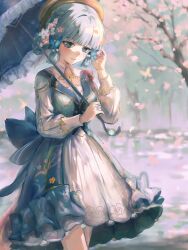  1girl absurdres back_ribbon blue_butterfly blue_dress blue_eyes blue_hair blue_ribbon blue_umbrella blunt_bangs blunt_tresses bow braid braided_hair_rings bug butterfly butterfly_hair_ornament butterfly_ring cherry_tree collar cowboy_shot cryo_symbol_(genshin_impact) dress falling_petals floral_print flower frilled_dress frills genshin_impact gold_flower gold_trim hair_flower hair_ornament hair_rings highres holding holding_umbrella jewelry kamisato_ayaka kamisato_ayaka_(springbloom_missive) long_sleeves neck_tassel official_alternate_costume outdoors painterly petals pink_flower pink_petals pink_ribbon ribbon ring shoulder_ribbon skirt solo tassel two-tone_dress umbrella white_collar white_flower white_skirt white_sleeves yuu_art 