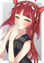  1girl ahoge animal_ears bare_shoulders black_dress blunt_bangs blunt_ends blunt_sidelocks blush breasts dress frilled_hairband frills hair_between_eyes hairband highres horse_ears horse_girl jewelry long_hair looking_at_viewer necklace own_hands_clasped own_hands_together pearl_necklace red_desire_(umamusume) red_hair red_hairband red_headdress red_veil sidelocks sleeveless sleeveless_dress small_breasts solo umamusume umayonyosi upper_body veil yellow_eyes 