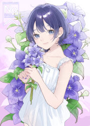  1girl blue_eyes blue_flower blue_hair blue_nails blue_tulip blush closed_mouth commentary_request dress floral_background flower highres looking_at_viewer nail_polish nozawa_(nooo1709) original short_hair sleeveless sleeveless_dress smile solo tulip watermark white_dress 