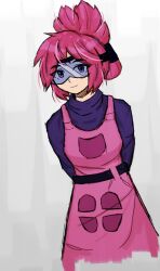  1girl apron arms_behind_back belt black_belt blue-tinted_eyewear closed_mouth commentary cropped_legs english_commentary folded_ponytail goggles hatching_(texture) highres jumpsuit kerakn kip_silverpoint light_smile linear_hatching long_hair looking_at_viewer oneshot_(game) pink_apron pink_eyes pink_hair purple_jumpsuit solo tinted_eyewear turtleneck white_background 