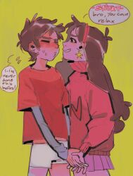  1boy blush boxers brother_and_sister cowboy_shot dipper_pines earrings gravity_falls hairband hetero holding_hands imminent_kiss incest jewelry mabel_pines male_underwear nervous_sweating pleated_skirt shirt siblings simple_background sketch skirt smile speech_bubble star_(symbol) star_earrings sweat sweater t-shirt turtleneck turtleneck_sweater twins underwear xx-pinetree-xx 