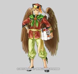  1boy basket black_shoes commentary_request company_name feathered_wings fire_emblem fire_emblem:_path_of_radiance fire_emblem_heroes full_body grey_background holding holding_basket janaff_(treat_or_talon)_(fire_emblem) kita_senri long_sleeves looking_at_viewer official_alternate_costume official_art scar scar_on_face shoes short_hair simple_background smile solo wings 