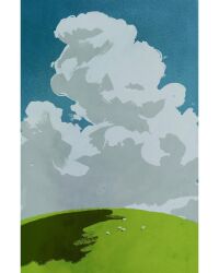  border clouds cloudy_sky commentary cumulonimbus_cloud day english_commentary grass highres meadow no_humans original outdoors scenery shadow sheep sky violentcosmos white_border 