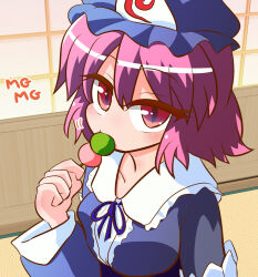  1girl blue_hat blue_kimono blue_ribbon blush breasts commentary_request dango eating food frilled_kimono frills hair_between_eyes hand_up hat highres holding holding_skewer indoors japanese_clothes kajiya_no_masa kimono large_breasts long_sleeves looking_at_viewer mg_mg mob_cap neck_ribbon no_nose one-hour_drawing_challenge pink_hair red_eyes ribbon saigyouji_yuyuko sanshoku_dango short_hair skewer solo touhou triangular_headpiece upper_body wagashi wide_sleeves 
