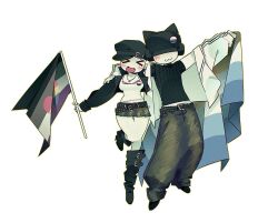  1girl 1other :3 air_zizon animal_hat arm_up aroace_flag asexual_flag beanie black_hat cat_hat commentary_request flag full_body green_pants hat headphones highres holding holding_flag korean_commentary lgbt_pride miniskirt non-binary_flag pansexual_flag pants player_character_(roblox) roblox shirt simple_background skirt tank_top white_background white_shirt 
