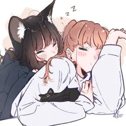  2girls animal_ears black_cat black_hair black_hoodie blush brown_hair cat cat_ears closed_eyes commentary_request cuddling hood hoodie kuro_(uchi_no_kuroneko_onnanoko) mame_(uchi_no_kuroneko_onnanoko) megateru multiple_girls owner_(uchi_no_kuroneko_onnanoko) sleeping sweater uchi_no_kuroneko_onnanoko white_sweater yuri zzz 