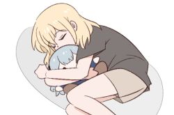  1girl bang_dream! bang_dream!_it's_mygo!!!!! black_shirt blonde_hair brown_shorts character_doll closed_eyes commentary_request doll fetal_position holding holding_doll hugging_doll hugging_object korean_commentary lying medium_hair misumi_uika on_side saiaku_dan shirt short_sleeves shorts simple_background sleeping solo t-shirt togawa_sakiko white_background 