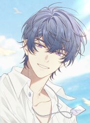  1boy absurdres animal bird blue_hair blue_sky blurry blurry_background clouds collarbone collared_shirt commentary_request day depth_of_field dress_shirt hair_between_eyes highres horizon jiukuzi18797 looking_at_viewer male_focus marius_von_hagen_(tears_of_themis) ocean outdoors shirt sky smile solo tears_of_themis upper_body violet_eyes water white_shirt 