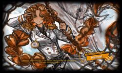  1girl black_shirt bow braid buttons character_name closed_mouth collared_shirt commentary compass cowboy_shot double-breasted english_commentary english_text epaulettes gold_trim green_eyes hair_bow highres holding holding_rope ishmael_(project_moon) jacket limbus_company long_hair looking_at_viewer low_twin_braids nazya_lantsov orange_hair parted_bangs project_moon rope shirt smile solo twin_braids very_long_hair white_bow white_jacket 