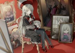  1girl absurdres ascot bang_dream! bang_dream!_it's_mygo!!!!! beret black_capelet black_pantyhose black_skirt black_socks capelet chair commentary_request earrings green_hair hat highres jewelry light_particles logo mortis_(bang_dream!) mortis_(costume)_(bang_dream!) mortis_(persona)_(bang_dream!) pantyhose pantyhose_under_shorts patpang pleated_skirt portrait_(object) red_hat red_shoes shoes shorts showgirl_skirt sitting skirt socks wakaba_mutsumi wakaba_mutsumi_(doll) white_ascot yellow_eyes 