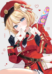  1girl absurdres animal_ears bag belt black_hair black_necktie blue_eyes blush commentary_request dress goat_ears grey_background hat hat_bell heart highres holding holding_letter hololive id_card jacket letter long_sleeves looking_at_viewer moku_yoi necktie red_dress red_hat red_jacket short_necktie simple_background solo suzuna_tsuzuri sword sword_on_back virtual_youtuber wax_seal weapon weapon_on_back 