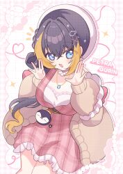  1girl absurdres belt belt_pouch beret black_hair blonde_streaks blue_eyes border braid breasts brown_belt brown_cardigan cardigan character_name commentary cowboy_shot crossed_bangs dress fish_hair_ornament frilled_dress frills grid_background hair_between_eyes hair_ornament hands_up hat highres jewelry long_hair long_sleeves looking_at_viewer medium_breasts mogyiu multicolored_hair necklace nijisanji nijisanji_en notice_lines official_alternate_costume official_alternate_hairstyle open_mouth outside_border pentomo_(petra_gurin) petra_gurin petra_gurin_(spring_casual) pink_background pink_border pink_dress pink_streaks plaid_clothes plaid_dress pouch puffy_long_sleeves puffy_sleeves side_braid smile snowflake_hair_ornament solo streaked_hair untranslatable_commentary virtual_youtuber white_background white_hat 