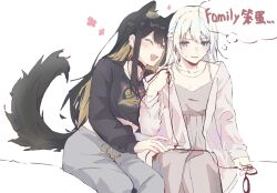  2girls animal_ears bang_dream! bang_dream!_our_notes black_collar black_hair black_shirt blonde_hair chigira_sakuko collar colored_inner_hair cropped_shirt dog_ears dog_girl dog_tail dress fang grey_dress grey_eyes grey_jacket grey_pants highres holding holding_leash hug jacket kemonomimi_mode leash long_hair long_sleeves mahashi_miku medium_hair multicolored_hair multiple_girls open_clothes open_jacket open_mouth pants shirt simple_background sitting suga_raika sweatdrop tail white_background white_hair yuri 