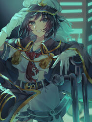  1girl anchor anchor_symbol black_coat black_hair blue_eyes coat commentary_request cowboy_shot crop_top gloves gold_trim grin hanasakireimei hand_on_headwear hat highres midriff murasa_minamitsu necktie red_necktie sailor_hat shirt short_hair short_sleeves shorts smile solo touhou white_gloves white_hat white_shirt white_shorts 