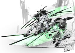  1boy armor black_hair bowalia centaur charging_forward dao dual_wielding extra_arms fate/grand_order fate_(series) from_side full_body gloves greyscale holding hooves horse_tail male_focus monochrome muscular muscular_male non-web_source running simple_background solo spot_color tail taur white_background xiang_yu_(fate) 