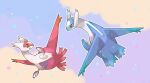  :d claws closed_mouth commentary_request flying highres latias latios no_humans open_mouth outdoors pokemon pokemon_(creature) smile star_(symbol) star_in_eye symbol_in_eye towa_(clonea) yellow_eyes 