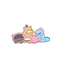  character_hat clodsire closed_mouth clothed_pokemon commentary_request highres no_humans nostrils open_mouth pokemon pokemon_(creature) pokemon_focus psyduck quagsire simple_background sitting slowpoke smile syan_san135 white_background 