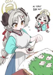  1girl :d ahoge apron blue_archive blush braid braided_ponytail breasts chibi chibi_inset chuseok closed_eyes commentary_request curled_horns dakbosal flying_sweatdrops food grey_hair hair_ornament halo hanbok holding holding_food holding_spoon horns izumi_(blue_archive) korean_clothes korean_commentary korean_text large_breasts long_hair mochi open_mouth parted_bangs ponytail short_eyebrows simple_background smile songpyeon spoon teeth thick_eyebrows translation_request upper_teeth_only white_apron white_background yellow_eyes yellow_halo 