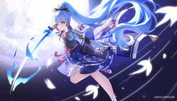  1girl absurdres arm_guards armor armored_skirt back_ribbon bird black_armor black_gloves black_headdress black_shoes blue_dress blue_eyes blue_hair blue_ribbon blue_sleeves blue_sword blunt_bangs blunt_tresses breastplate chinese_commentary commentary_request dou dress feet_out_of_frame floral_print flower flower_knot genshin_impact gloves gold_headdress hair_ribbon high_ponytail highres holding holding_sword holding_weapon japanese_armor kamisato_ayaka kamisato_clan_(emblem) long_hair moon neck_tassel pink_ribbon ponytail ribbon sandals shen_shen_ruqi shoes socks solo sword tabi tassel tassel_choker tress_ribbon very_long_hair weapon white_bird white_flower white_socks 