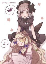  2girls animal_print bird_print black_bow black_dress bow closed_eyes commentary_request dress eyepatch grey_hair hair_ornament hat highres lap_pillow long_hair magical_girl mahou_shoujo_ikusei_keikaku mahou_shoujo_ikusei_keikaku_restart multiple_girls nurse_cap open_mouth pfle purple_bow red_bow shadowgale short_hair smile v8y_vkaname wide_sleeves x_hair_ornament yellow_bow yellow_eyes yuri 