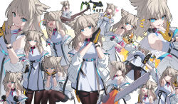  1girl absurdres animal_ears arknights arknights:_endfield backless_dress backless_outfit bird_ears black_gloves black_pantyhose black_shorts blue_eyes breasts bucket_of_chicken chainsaw chinese_commentary commentary_request dress eating food fortnite gloves grey_hair grey_jacket helldivers_(series) highres holding holding_chainsaw holding_food jacket medium_breasts medium_hair meme multiple_views pantyhose paypal_me_$30000_(meme) perlica_(arknights) qys3 revision shaded_face shorts simple_background taking_picture two-sided_gloves white_background white_dress yellow_pupils 
