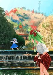  2girls absurdres barefoot blue_sailor_collar blue_serafuku blue_skirt blue_sky blueman&amp;alinla bow bowtie bridge chinese_commentary closed_eyes clothes_lift collared_shirt commentary_request cropped_legs day frilled_armlet full_body grass green_hair hair_bow highres hill kagiyama_hina kawashiro_nitori long_hair looking_at_another medium_hair medium_skirt multiple_girls nature neckerchief open_mouth outdoors pleated_skirt radio_tower red_bow red_bowtie red_neckerchief red_skirt river rock sailor_collar scenery school_uniform serafuku shirt skirt skirt_lift sky sleeves_rolled_up smile splashing stairs standing touhou tree twintails variant_set water white_shirt 
