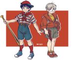  2boys bag baseball_bat baseball_cap belt black_hair copyright_name duck_etc energy_gun franklin_badge glasses grey_hair hat lloyd_(mother) male_focus mother_(game) mother_1 multiple_boys neckerchief ninten ray_gun red_headwear red_socks shirt shirt_tucked_in shoes shorts simple_background smile sneakers socks striped striped_shirt superman_logo weapon 