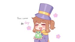  1girl :> :d =_= a_hat_in_time animal black_eyes blush_stickers brown_hat cape child closed_eyes closed_mouth commentary dot_nose english_commentary english_text flower frog hands_up hat hat_kid hat_ribbon here_comes_niko! here_comes_the_boy_(meme) highres holding holding_animal holding_frog jacket long_sleeves medium_hair meme open_mouth pink_flower ponytail purple_hat purple_jacket ribbon sidelocks smile solo top_hat upper_body white_background xxfaylinnxx yellow_cape yellow_ribbon zipper_pull_tab 