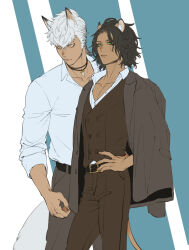  2boys animal_ears black_hair black_jacket black_vest blue_background blue_shirt commentary_request cowboy_shot dark-skinned_male dark_skin green_eyes hand_on_own_hip highres jack_howl jacket jacket_on_shoulders ki_toji leona_kingscholar lion_boy lion_ears lion_tail looking_to_the_side male_focus multiple_boys scar scar_across_eye scar_on_face shirt standing tail twisted_wonderland vest white_hair wolf_boy wolf_ears wolf_tail yellow_eyes 