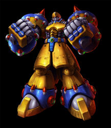  1boy black_background black_eyes clenched_hands closed_mouth commentary facial_hair full_body general_(mega_man) hat highres looking_ahead male_focus mecha mecha_focus mega_man_(series) mega_man_x4 mega_man_x_(series) mustache no_humans peaked_cap robot shoulder_spikes simple_background solo spikes standing taedu yellow_hat 