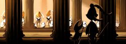  1girl 6+others arthropod_limbs black_eyes black_skin cape choir_pouncer_(hollow_knight) cloak colored_skin commentary_request cropped_legs dual_wielding flashback from_behind highres holding holding_weapon hollow_knight hollow_knight:_silksong horned_mask hornet_(hollow_knight) looking_at_another mask multiple_others needolin_(hollow_knight) pillar robot second_sentinel_(hollow_knight) standing starowarblern sword walking weapon white_cape white_cloak 