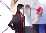  1boy 1girl absurdres black_coat black_gloves black_hair blue_eyes coat different_reflection fate/grand_order fate_(series) flower gloves hair_between_eyes highres long_coat long_hair looking_at_mirror looking_at_self lord_el-melloi_ii lord_el-melloi_ii_case_files male_focus mirror rathalosx4 red_eyes red_flower reflection reines_el-melloi_archisorte sidelocks simple_background smile stole upper_body vase waver_velvet white_background 