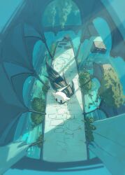  2theart0704 black_eyes black_skin cloak colored_skin from_above full_body greenpath_vessel_(hollow_knight) grey_cloak highres holding holding_weapon hollow_eyes hollow_knight horned_mask horns mask moss nail_(hollow_knight) shadow stone_walkway water weapon white_mask 