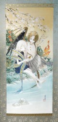  2girls absurdres asymmetrical_wings bird bird_on_hand bird_request black_dress brown_hair brown_mask commentary_request dress eye_print fiery_wings flower flower_request grey_hair grey_skirt hair_between_eyes half_mask highres hisona_(suaritesumi) iwanaga_ariya lake long_hair long_hair_between_eyes long_sleeves mask mask_over_one_eye multiple_girls photo_(medium) purple_flower red_eyes ribbon_around_body shirt skeletal_clothes skeletal_tail skeletal_wings skirt sleeveless sleeveless_dress stone_skirt tail touhou traditional_media turtleneck turtleneck_dress very_long_hair white_flower white_shirt wings yuiman_asama 