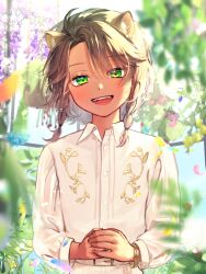  1boy :d aged_down ahoge animal_ear_fluff animal_ears bangle belt belt_buckle blue_eyes blue_flower blurry blurry_background blurry_foreground blush bracelet braid braided_sidelocks buckle child choppy_bangs collared_shirt commentary_request curtained_hair dark-skinned_male dark_skin depth_of_field embroidery fangs flower flower_request foliage formal_clothes gold_bangle gold_bracelet green_eyes hair_between_eyes happy head_tilt indoors jewelry kawai_irori leona_kingscholar lion_boy lion_ears long_sleeves looking_at_viewer multiple_braids open_mouth own_hands_clasped own_hands_together parted_bangs partially_unbuttoned purple_flower shirt short_hair sidelighting sidelocks smile solo straight-on twisted_wonderland upper_body white_belt white_shirt wisteria 