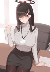  1girl absurdres black_hair black_halo black_pantyhose black_skirt blue_archive blunt_bangs breasts bright_pupils chair closed_mouth commentary_request cropped_legs desk grey-framed_eyewear grey_sweater hair_ornament halo highres holding holding_tablet_pc lanyard large_breasts long_hair long_sleeves nekolad33 office_lady on_desk pantyhose paper pencil_skirt red_eyes ribbed_sweater ringed_eyes rio_(blue_archive) semi-rimless_eyewear sitting skirt smile solo sweater tablet_pc turtleneck turtleneck_sweater very_long_hair white_pupils 