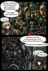  2boys 2girls absurdres adeptus_astartes armor astra_militarum blue_eyes commentary english_commentary english_text highres holding holding_weapon iron_hands_(warhammer) multiple_boys multiple_girls octosoup power_armor salamanders_(warhammer) speech_bubble warhammer_40k weapon 