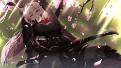  1girl absurdres arm_guards armor artist_name black_bodysuit bodysuit breasts cherry_blossoms closed_eyes closed_mouth commentary commission cowboy_shot dappled_sunlight day dot_mouth double-parted_bangs falling_petals floating_hair flower goddess_of_victory:_nikke grass grey_hair hair_between_eyes hair_ribbon half-skirt hanaberin high_collar highres holding holding_sword holding_weapon japanese_armor katana knee_guards large_breasts light_rays long_hair lying lying_on_branch on_back on_branch outdoors parted_lips pauldrons petals pink_flower pink_petals purple_hair red_ribbon ribbon scarlet_(black_shadow)_(nikke) scarlet_(nikke) shoulder_armor shoulder_plates sleeping sode solo sunlight sword tree twitter_username very_long_hair watermark weapon 