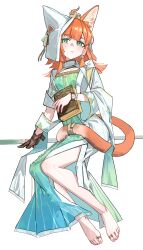  1girl absurdres animal_ears arknights arm_support barefoot blunt_ends book breasts brown_gloves cat_ears cat_girl chinese_commentary commentary_request diagonal_bangs dress ears_under_headwear extra_ears full_body gloves green_dress green_eyes highres holding holding_book invisible_chair jewelry leather leather_gloves looking_at_viewer medium_hair orange_hair papyrus_(arknights) se1lia shrug_(clothing) simple_background single_glove sitting small_breasts solo tail tail_ornament tail_ring toe_ring toes watch white_background white_hood white_shrug 