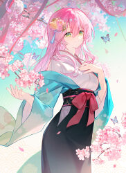  1girl absurdres black_sash blue_butterfly blue_kimono blue_sky bug butterfly cherry_blossoms closed_mouth commentary commission cowboy_shot day double-parted_bangs eiyuu_densetsu english_commentary falling_petals floral_print floral_print_kimono floral_print_sash flower furin_(bell) green_eyes hair_between_eyes hair_flower hair_ornament hair_over_shoulder hajimari_no_kiseki hand_on_own_chest highres japanese_clothes juna_crawford kanzashi kimono long_hair long_sleeves looking_at_viewer obi obijime open_hand outdoors petals pink_flower pink_hair pink_petals pixiv_commission print_kimono sash sen_no_kiseki_(series) shiyoi sidelocks sky smile solo tree tsumami_kanzashi wide_sleeves wind_chime 