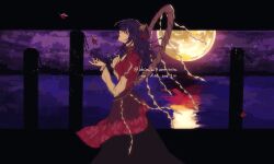  1girl artist_name black_skirt breasts chinese_commentary closed_mouth commentary_request commission cowboy_shot dated dubiansuhai falling_leaves from_side full_moon ginkgo_leaf hair_ornament hand_on_own_chest hands_up head_tilt highres lake layered_sleeves leaf leaf_hair_ornament letterboxed long_skirt long_sleeves looking_up maple_leaf medium_hair mirror moon night onbashira outdoors outside_border profile purple_hair red_eyes reflection reflective_liquid rope shide shimenawa short_over_long_sleeves short_sleeves skirt small_breasts solo standing touhou twitter_username water yasaka_kanako 