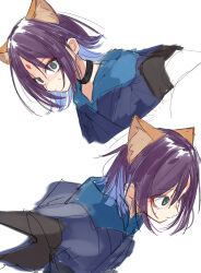  1girl animal_ears black_choker blue_eyes blue_hoodie blue_kimono cho_kaguya-hime! choker commentary forehead_jewel fox_ears fox_girl green_eyes highres hood hood_down hoodie japanese_clothes kimono multiple_views purple_hair sakayori_iroha sakayori_iroha_(tsukuyomi) short_hair simple_background tt_(mmk_lr) white_background 