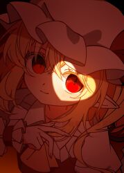  1girl ascot blonde_hair closed_mouth collared_shirt commentary_request fingernails flandre_scarlet frilled_shirt_collar frills hair_between_eyes hat hat_ribbon highres illust_atelier3 looking_at_viewer mob_cap one-hour_drawing_challenge one_side_up pointy_ears red_eyes red_vest ribbon sharp_fingernails shirt signature smile solo touhou upper_body vest watermark white_hat white_shirt wings yellow_ascot 