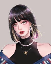  1girl aegyo_sal black_hair blackpink blonde_hair blonde_streaks blush bob_cut commentary earrings eyeshadow highres jewelry lisa_(blackpink) looking_at_viewer makeup multicolored_hair necklace pearl_necklace simple_background sleeveless sleeveless_turtleneck solo streaked_hair turtleneck upper_body venhausnyc 